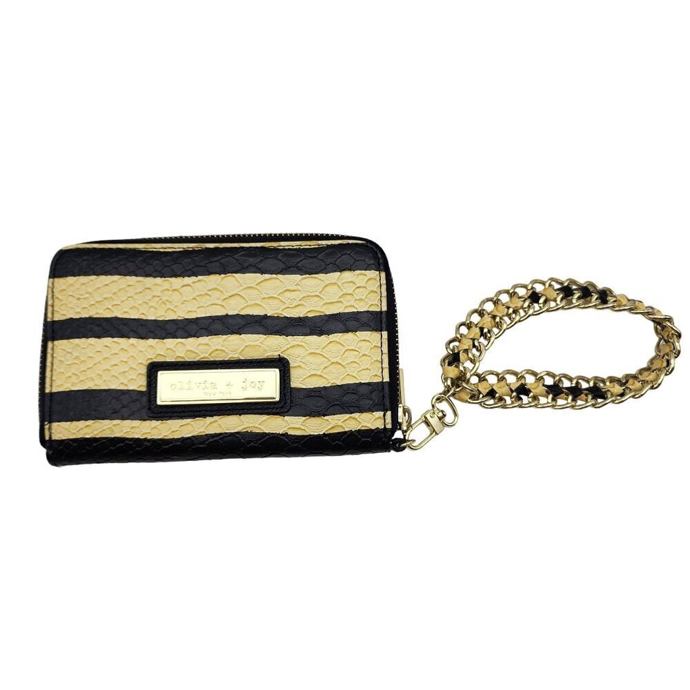 Olivia Joy New York Wallet Wristlet Yellow Black Faux Snakeskin Zip Metal Strap